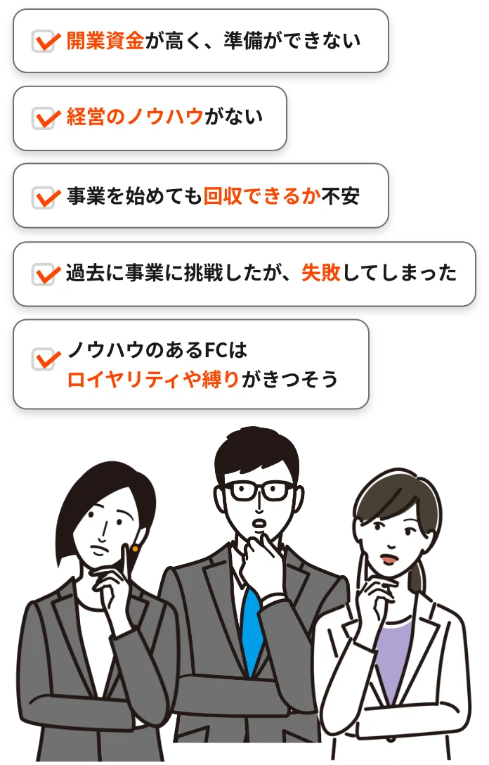 開業資金が高く、準備ができない　経営のノウハウがない　ノウハウのあるFCはロイヤリティや縛りがきつそう　事業を始めても回収できるか不安　過去に事業に挑戦したが、失敗してしまった